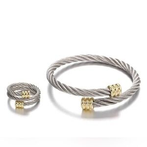 Cable style bracelet and ring set - adjustable.  Silver & goldtone. New!!